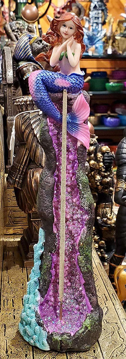 ebros gift Ebros Ocean Mermaid Sitting On A Purple Coral Reef Pillar Tower Incense Burner