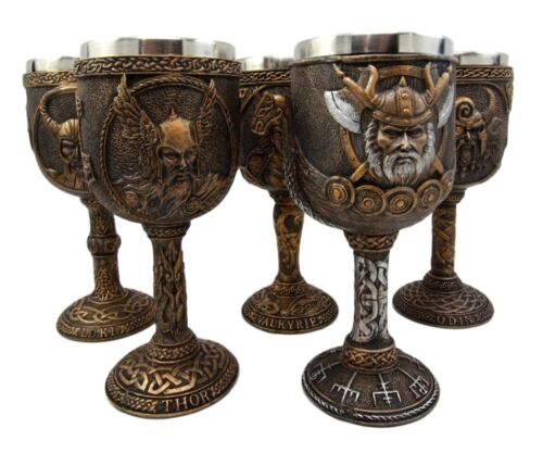 Ebros Gift Ebros Odin Loki Thor Valkyrie Battle Longship Resin Wine Goblet Chalice Set Of 5