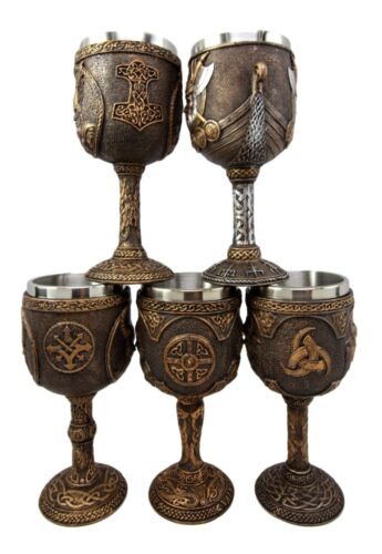 Ebros Gift Ebros Odin Loki Thor Valkyrie Battle Longship Resin Wine Goblet Chalice Set Of 5
