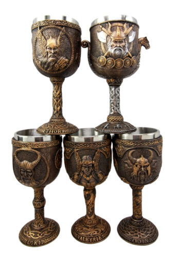 ebros gift Ebros Odin Loki Thor Valkyrie Battle Longship Resin Wine Goblet Chalice Set of 5