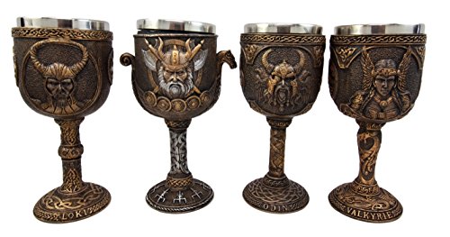 ebros gift Ebros Odin Valkyrie Loki Battle Longship 7oz Resin Wine Goblet Chalice Set of 4