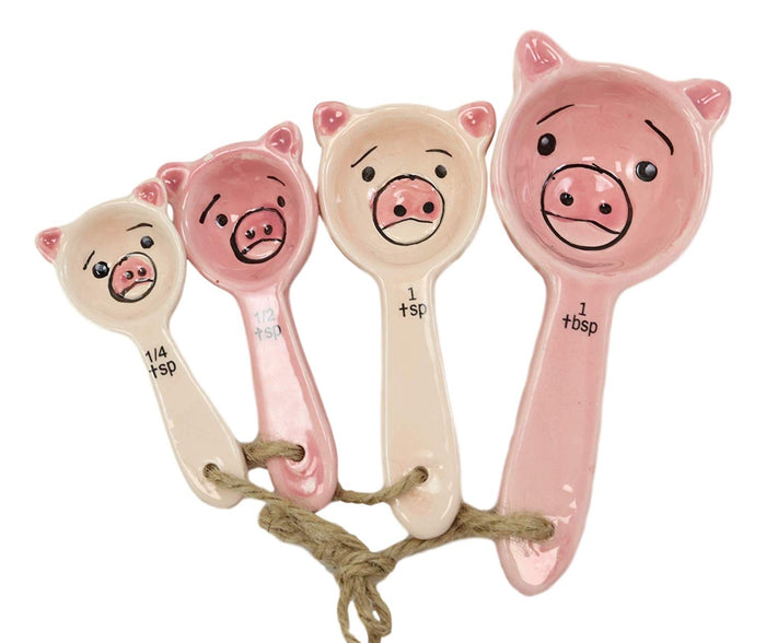 ebros gift Ebros Oink Pink Farm Pig Face Ceramic Stackable Measuring Spoons Set of 4 Tablespoon Teaspoons Baking And Cooking Decorative Kitchen Essentials Piggy Porky Pigs Figurines For Women Chefs Cooks