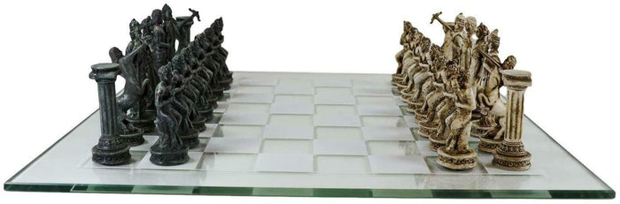 Ebros Gift Ebros Olympus At War Greek Olympian Deities Resin Chess Pieces With Glass Board Set