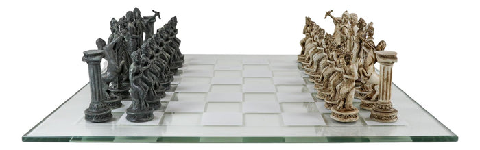 Ebros Gift Ebros Olympus War Greek Olympian Gods Demigods Resin Chess Pieces With Glass Board Set