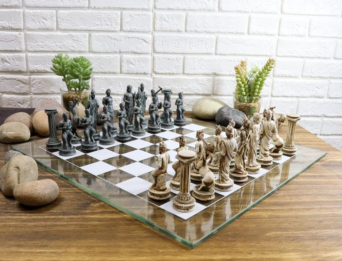 ebros gift Ebros Olympus War Greek Olympian Gods Demigods Resin Chess Pieces With Glass Board Set