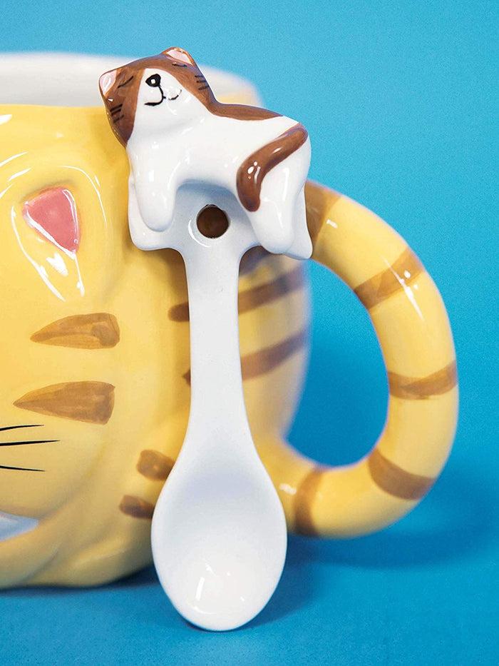 Ebros Gift Ebros Orange Tabby Cat Ceramic Coffee Mug With Kitten Latch On Spoon Set 5.5"L