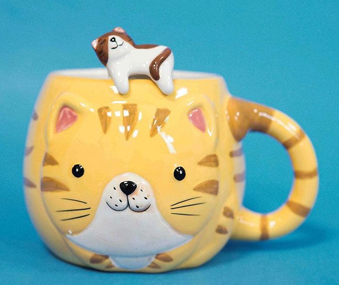 ebros gift Ebros Orange Tabby Cat Ceramic Coffee Mug With Kitten Latch On Spoon Set 5.5"L