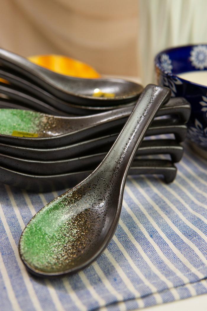 ebros gift Ebros Pack Of 10 Artistic Green And Black Gradient Ceramic Zen Ladle Hook Soup Spoons