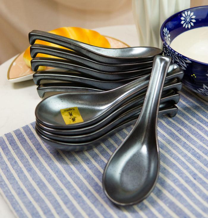 ebros gift Ebros Pack Of 10 Artistic Semi Shiny Gunmetal Black Ceramic Zen Ladle Hook Soup Spoons
