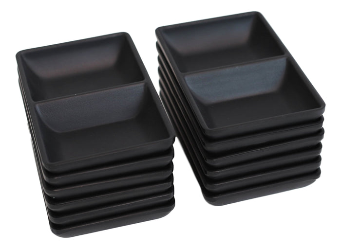 Ebros Gift Ebros Pack Of 12 Contemporary Matte Black Jade Melamine Condiments Dipping Bowl Or Dish With Divider 2 Partition Compartments