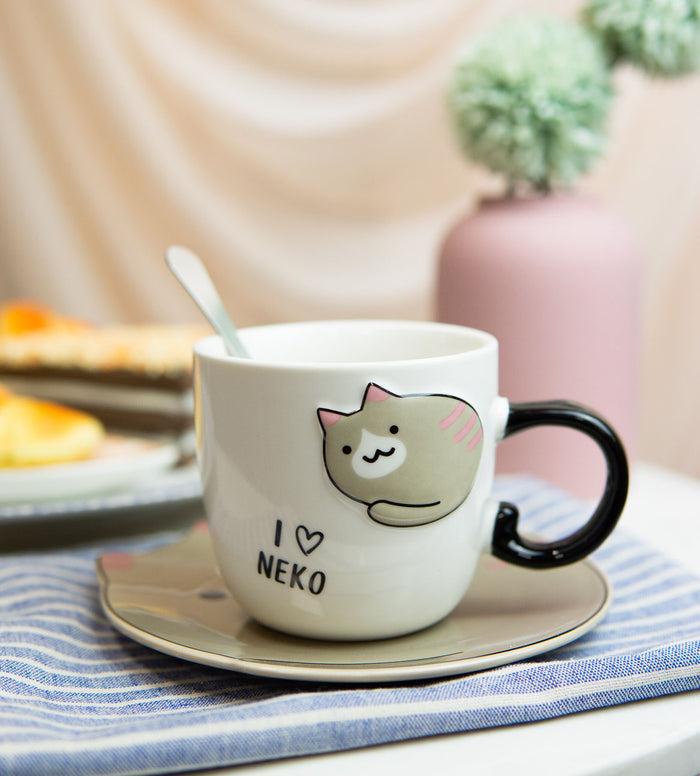 ebros gift Ebros Pack Of 2 Brown Pink Ears Maneki Neko Cat Mugs 8oz With Saucer And Notched Spoon