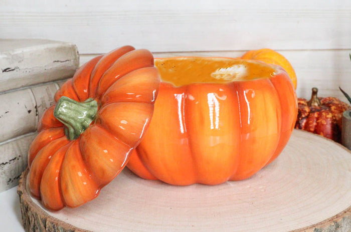 ebros gift Ebros Pack Of 2 Kitchen Festive Bright Orange Ceramic Pumpkin Soup Dessert Bowl W/ Lid