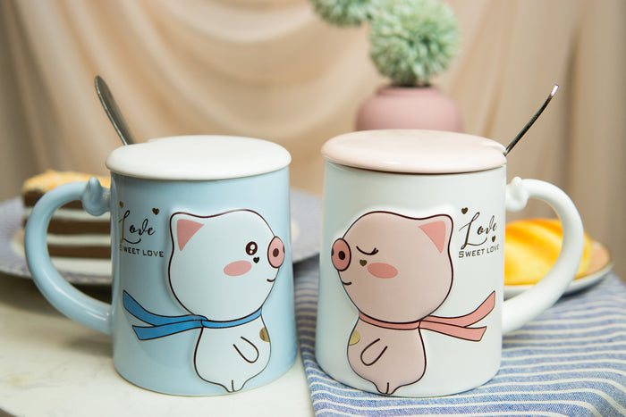 Ebros Gift Ebros Pack Of 2 Valentines Love Pigs Blue And White Coffee Mugs With Lid & Spoon 14oz