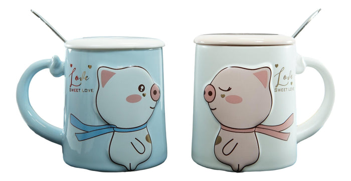 Ebros Gift Ebros Pack Of 2 Valentines Love Pigs Blue And White Coffee Mugs With Lid & Spoon 14oz