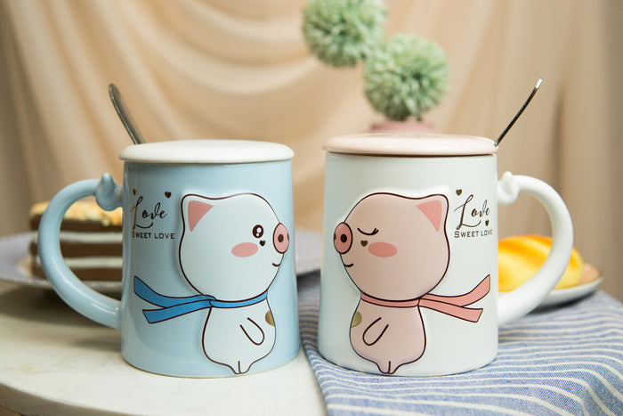 ebros gift Ebros Pack Of 2 Valentines Love Pigs Blue And White Coffee Mugs With Lid & Spoon 14oz