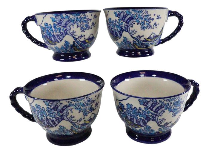 Ebros Gift Ebros Pack Of 4 Blue White Hokusai The Great Wave Ceramic 14oz Coffee/Tea Cups Mugs