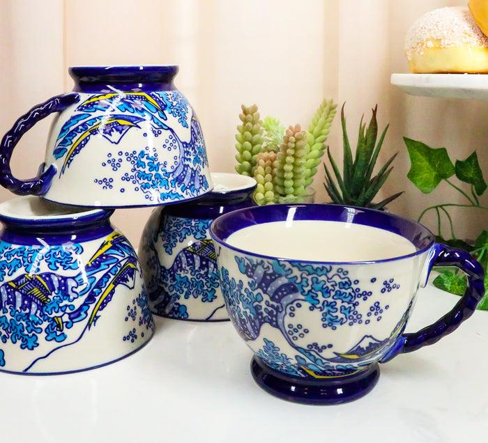 ebros gift Ebros Pack Of 4 Blue White Hokusai The Great Wave Ceramic 14oz Coffee/Tea Cups Mugs