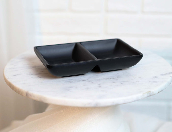 ebros gift Ebros Pack of 6 Contemporary Matte Black Jade Melamine Condiments Dipping Bowl or Dish With Divider 2 Partition Compartments
