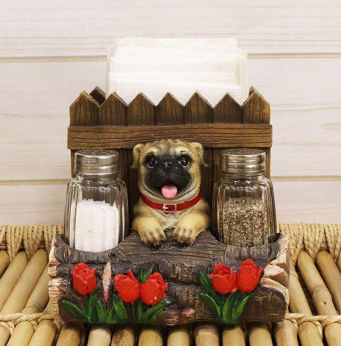 ebros gift Ebros Panting Pug Dog By Fences & Flower Bed Dinner Napkin Salt Pepper Shakers Holder