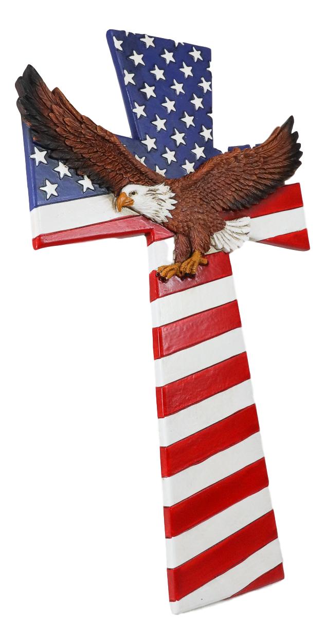 Ebros Gift Ebros Patriotic USA American Flag With Soaring Bald Eagle Wall Cross Decor Plaque