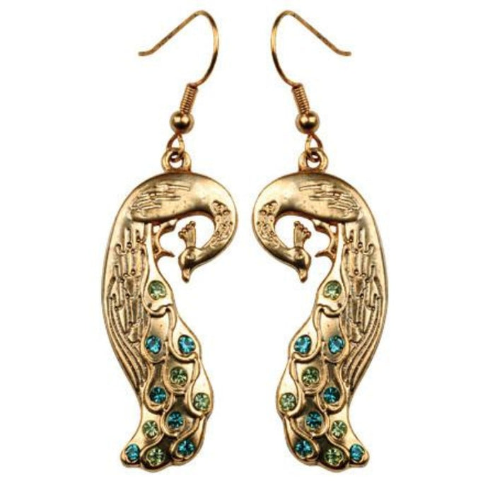 Ebros Gift Ebros Peacock Train Golden Jewelry Alloy Dangle Earrings Pair With Crystals