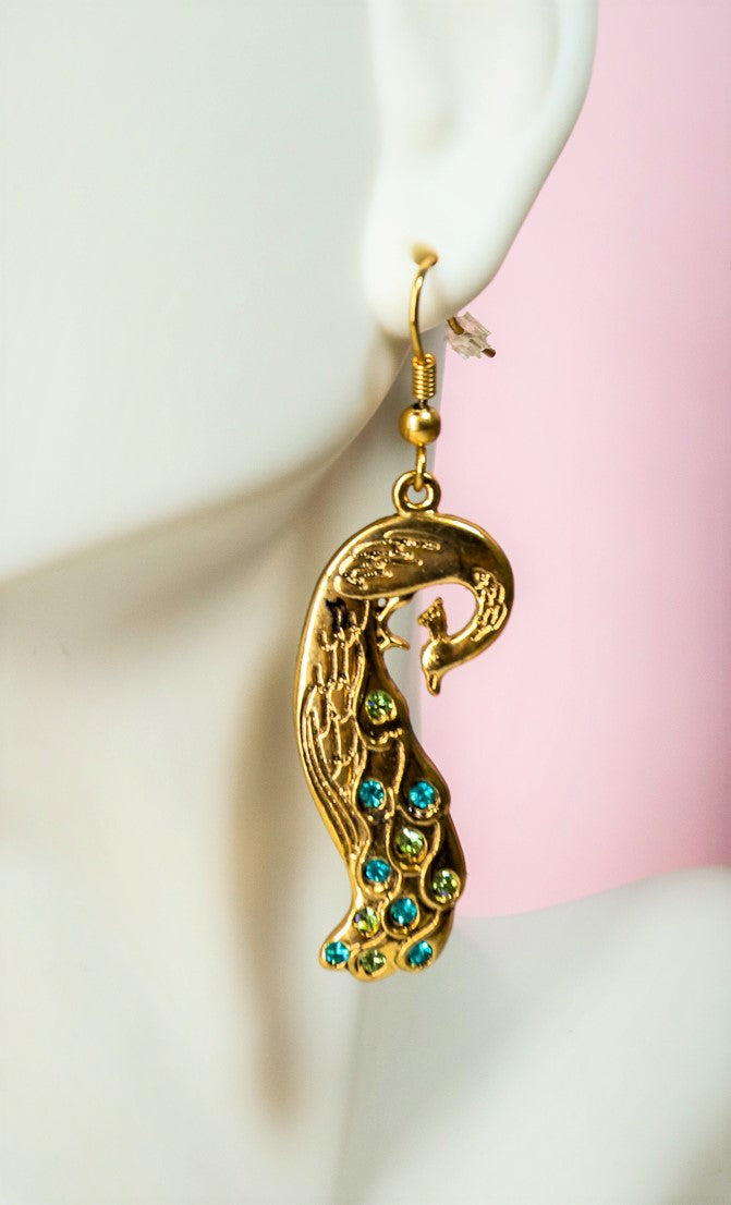 ebros gift Ebros Peacock Train Golden Jewelry Alloy Dangle Earrings Pair With Crystals