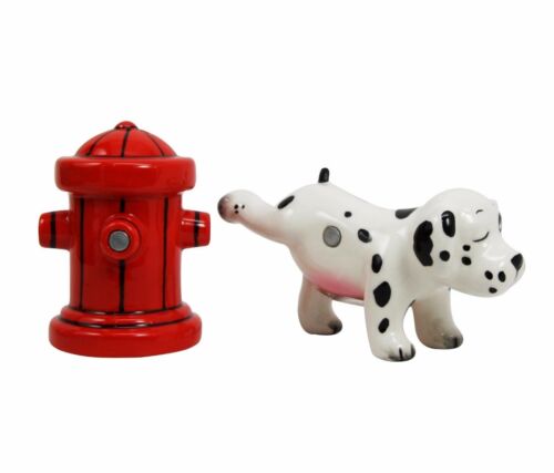 Ebros Gift Ebros Peeing Dalmatian & Fire Hydrant Ceramic Salt Pepper Shaker Magnetic Set Figurine