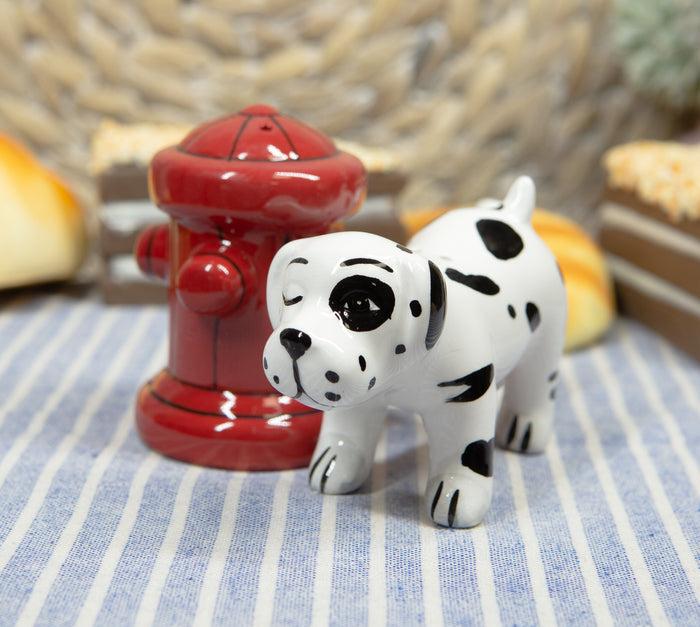 Ebros Gift Ebros Peeing Dalmatian & Fire Hydrant Ceramic Salt Pepper Shaker Magnetic Set Figurine