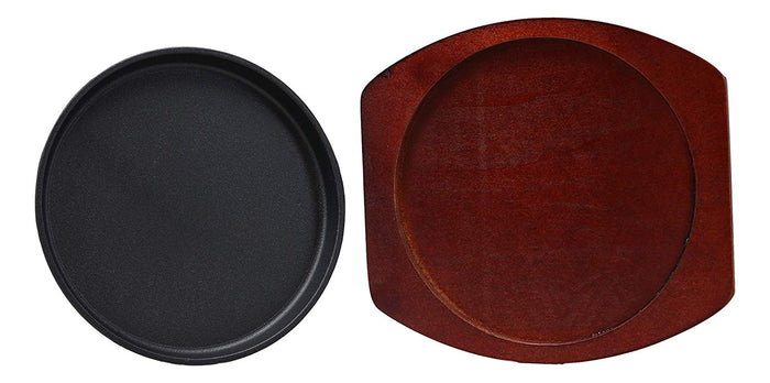 Ebros Gift Ebros Personal Size Cast Iron Sizzling Fajita Pan Skillet Japanese Steak Plate With Wood Underliner Base Restaurant Home Kitchen Cooking Supply (Round 8.75"Diameter)