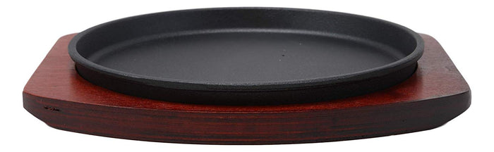 Ebros Gift Ebros Personal Size Cast Iron Sizzling Fajita Pan Skillet Japanese Steak Plate With Wood Underliner Base Restaurant Home Kitchen Cooking Supply (Round 8.75"Diameter)