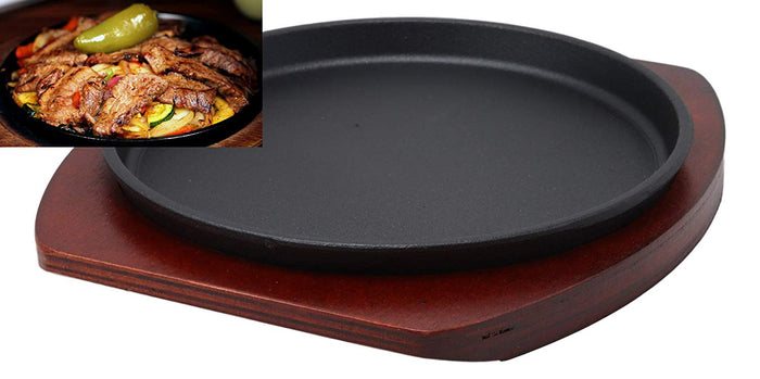 ebros gift Ebros Personal Size Cast Iron Sizzling Fajita Pan Skillet Japanese Steak Plate With Wood Underliner Base Restaurant Home Kitchen Cooking Supply (Round 8.75"Diameter)
