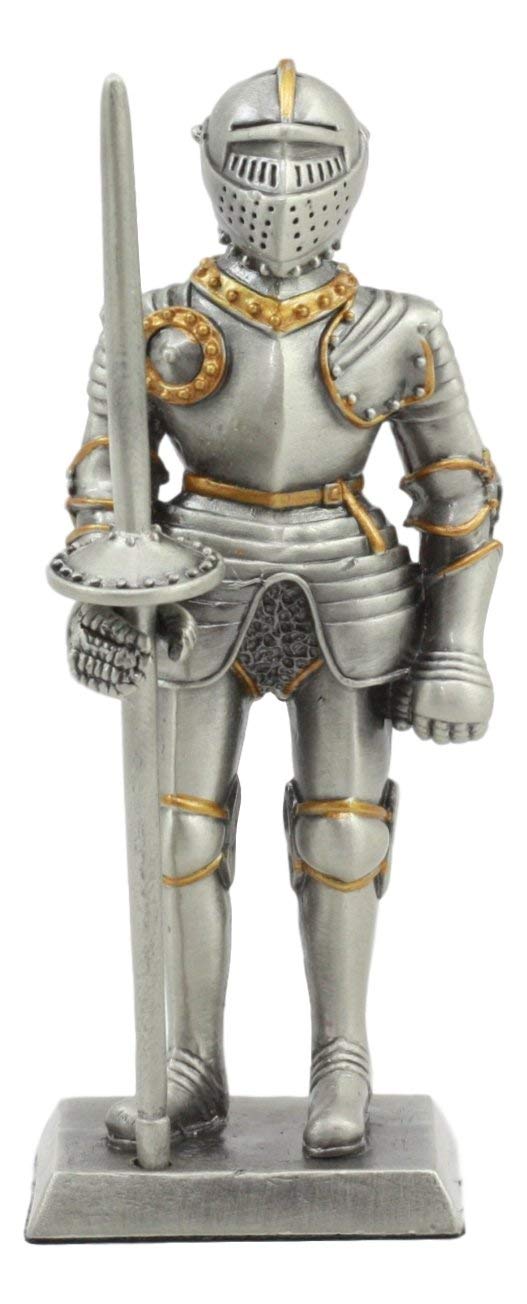 Ebros Gift Ebros Pewter English Knight Statue 4" H Medieval Suit Of Armor Knight With Javelin Pole-arm Pewter Figurine Collectible