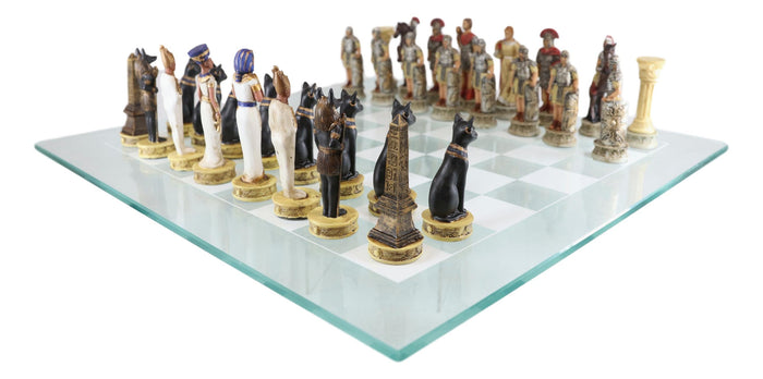 Ebros Gift Ebros Pharaoh Egyptian VS Caesar Roman Empire Resin Chess Pieces W/ Glass Board