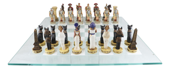 Ebros Gift Ebros Pharaoh Egyptian VS Caesar Roman Empire Resin Chess Pieces W/ Glass Board