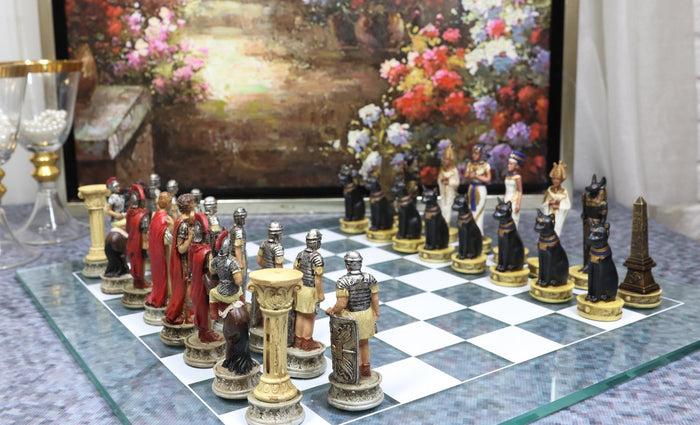 ebros gift Ebros Pharaoh Egyptian VS Caesar Roman Empire Resin Chess Pieces W/ Glass Board