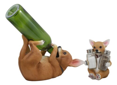 Ebros Gift Ebros Picante Teacup Tan Chihuahua Puppy Wine Holder And Salt Pepper Shakers Holder Figurine Set