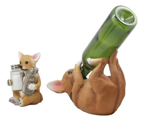 Ebros Gift Ebros Picante Teacup Tan Chihuahua Puppy Wine Holder And Salt Pepper Shakers Holder Figurine Set