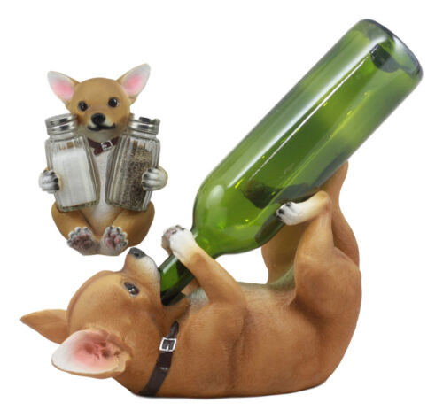 ebros gift Ebros Picante Teacup Tan Chihuahua Puppy Wine Holder and Salt Pepper Shakers Holder Figurine Set