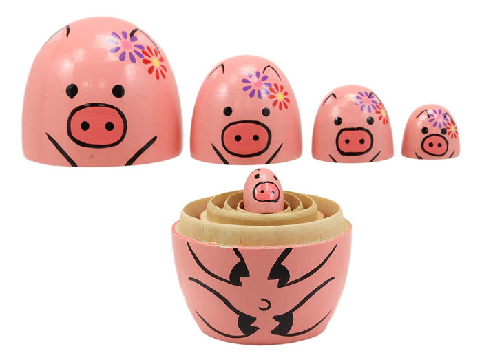 Ebros Gift Ebros Pink Porky Babe Pig Wooden Toy Stacking Nesting Dolls 5 Pieces Matryoshka