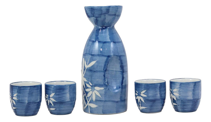 Ebros Gift Ebros Porcelain Blue Jeans & White Bamboo Japanese Sake Rice Wine Flask And 4 Cups Set
