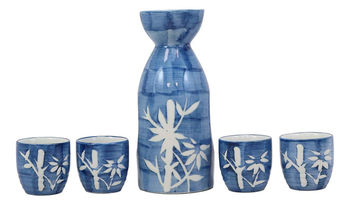 Ebros Gift Ebros Porcelain Blue Jeans & White Bamboo Japanese Sake Rice Wine Flask And 4 Cups Set