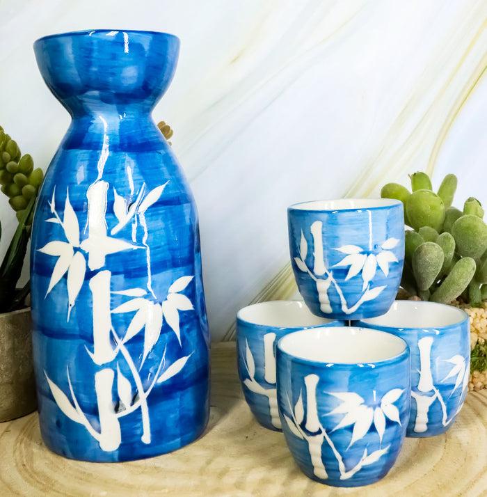 ebros gift Ebros Porcelain Blue Jeans & White Bamboo Japanese Sake Rice Wine Flask And 4 Cups Set