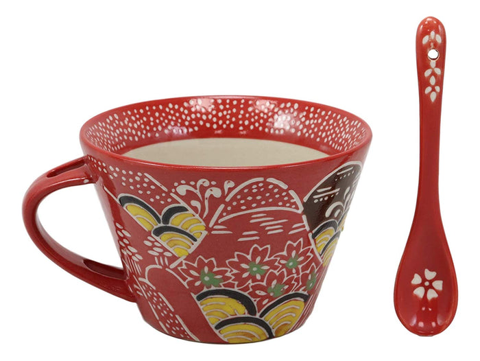 Ebros Gift Ebros Porcelain Coffee Tea Latte Cafe Mug Drink Cup With Spoon 2pc Set 12oz Home Kitchen Decorative Ceramics (SINGLE Red Mountain Landscape)