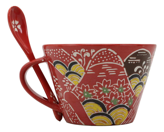Ebros Gift Ebros Porcelain Coffee Tea Latte Cafe Mug Drink Cup With Spoon 2pc Set 12oz Home Kitchen Decorative Ceramics (SINGLE Red Mountain Landscape)