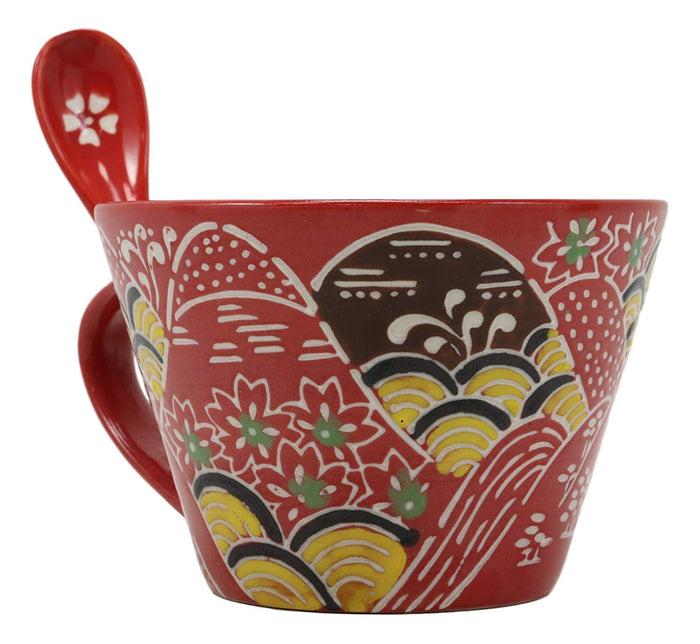 Ebros Gift Ebros Porcelain Coffee Tea Latte Cafe Mug Drink Cup With Spoon 2pc Set 12oz Home Kitchen Decorative Ceramics (SINGLE Red Mountain Landscape)