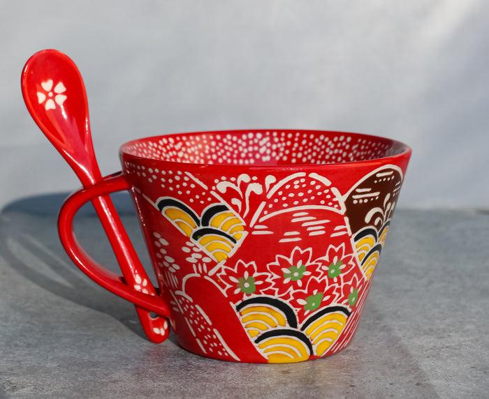 ebros gift Ebros Porcelain Coffee Tea Latte Cafe Mug Drink Cup With Spoon 2pc Set 12oz Home Kitchen Decorative Ceramics (SINGLE Red Mountain Landscape)