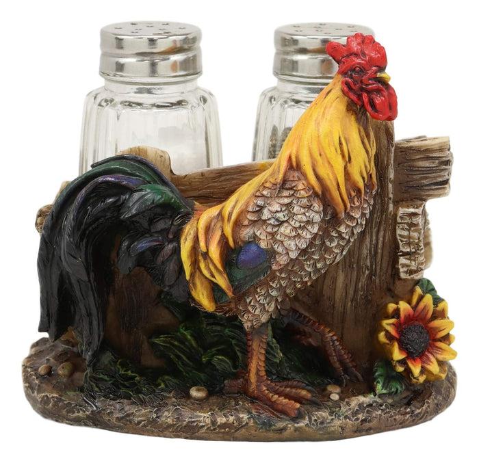 Ebros Gift Ebros Proud Fowl Rooster Standing By Rustic Wooden Fence And Sunflower Glass Salt And Pepper Shakers Holder Display Stand Resin Figurine 4.75" Wide