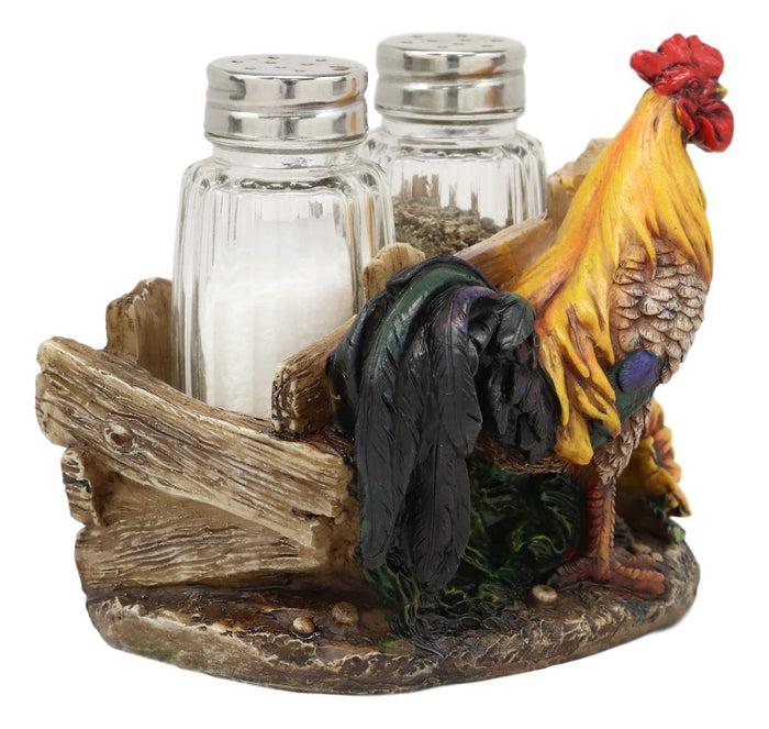 Ebros Gift Ebros Proud Fowl Rooster Standing By Rustic Wooden Fence And Sunflower Glass Salt And Pepper Shakers Holder Display Stand Resin Figurine 4.75" Wide