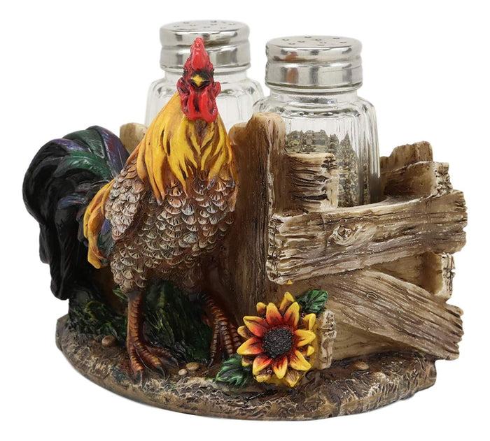 Ebros Gift Ebros Proud Fowl Rooster Standing By Rustic Wooden Fence And Sunflower Glass Salt And Pepper Shakers Holder Display Stand Resin Figurine 4.75" Wide