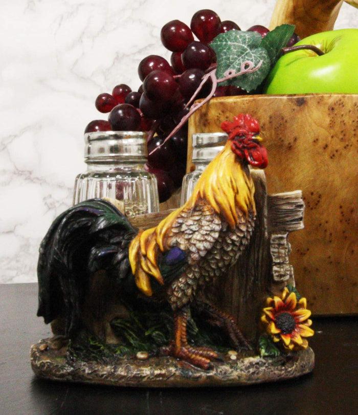 ebros gift Ebros Proud Fowl Rooster Standing By Rustic Wooden Fence And Sunflower Glass Salt And Pepper Shakers Holder Display Stand Resin Figurine 4.75" Wide